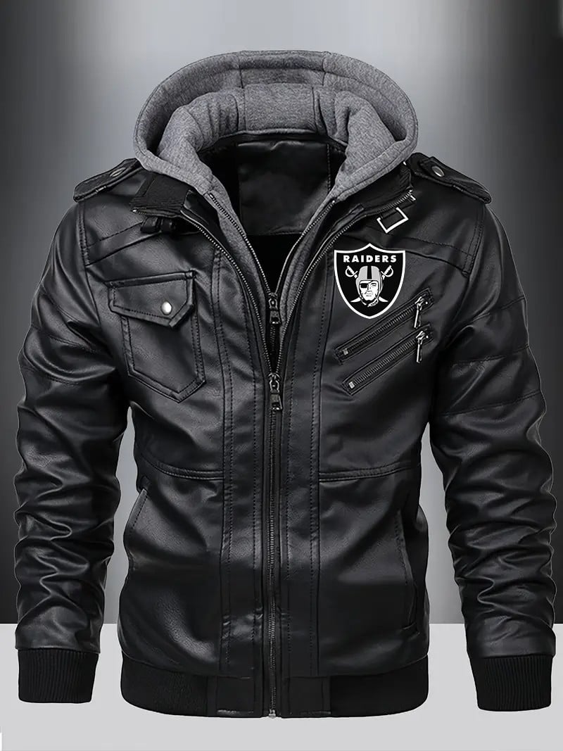 Las Vegas Raiders Premium & Ultra-Thick Leather Jacket with Fleece Hood with Fleece Hood HVKC940 - Premium & Ultra-Thick Leather Jacket with Fleece Hood