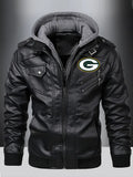 Green Bay Packers Premium & Ultra-Thick Leather Jacket with Fleece Hood with Fleece Hood HVKC962 - Premium & Ultra-Thick Leather Jacket with Fleece Hood