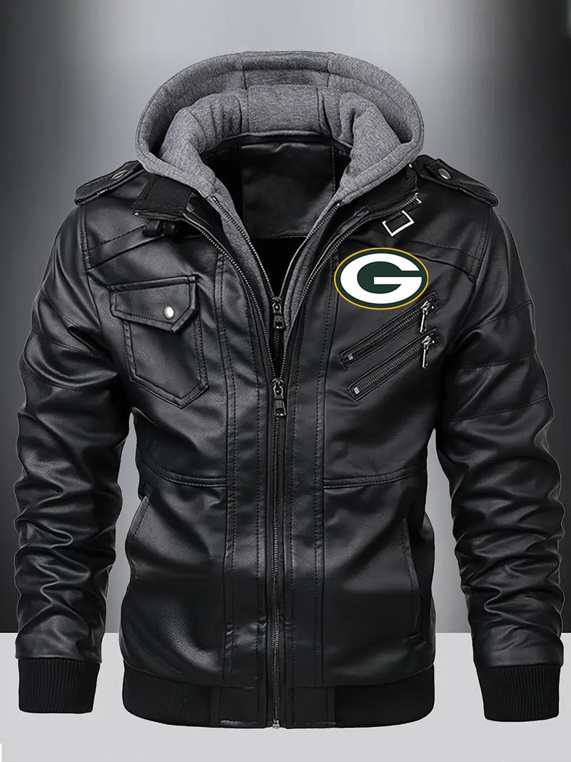 Green Bay Packers Premium & Ultra-Thick Leather Jacket with Fleece Hood with Fleece Hood HVKC962 - Premium & Ultra-Thick Leather Jacket with Fleece Hood