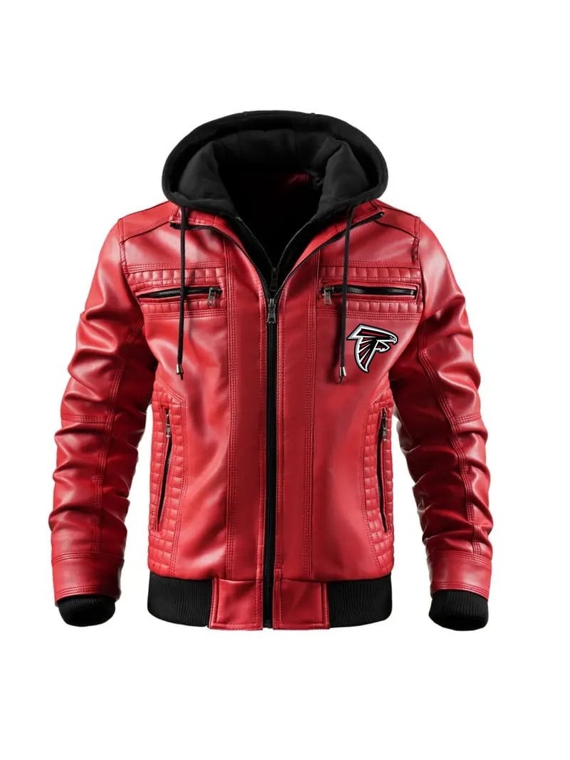 Premium & Ultra-Thick Leather Jacket with Fleece Hood Atlanta Falcons VATY822