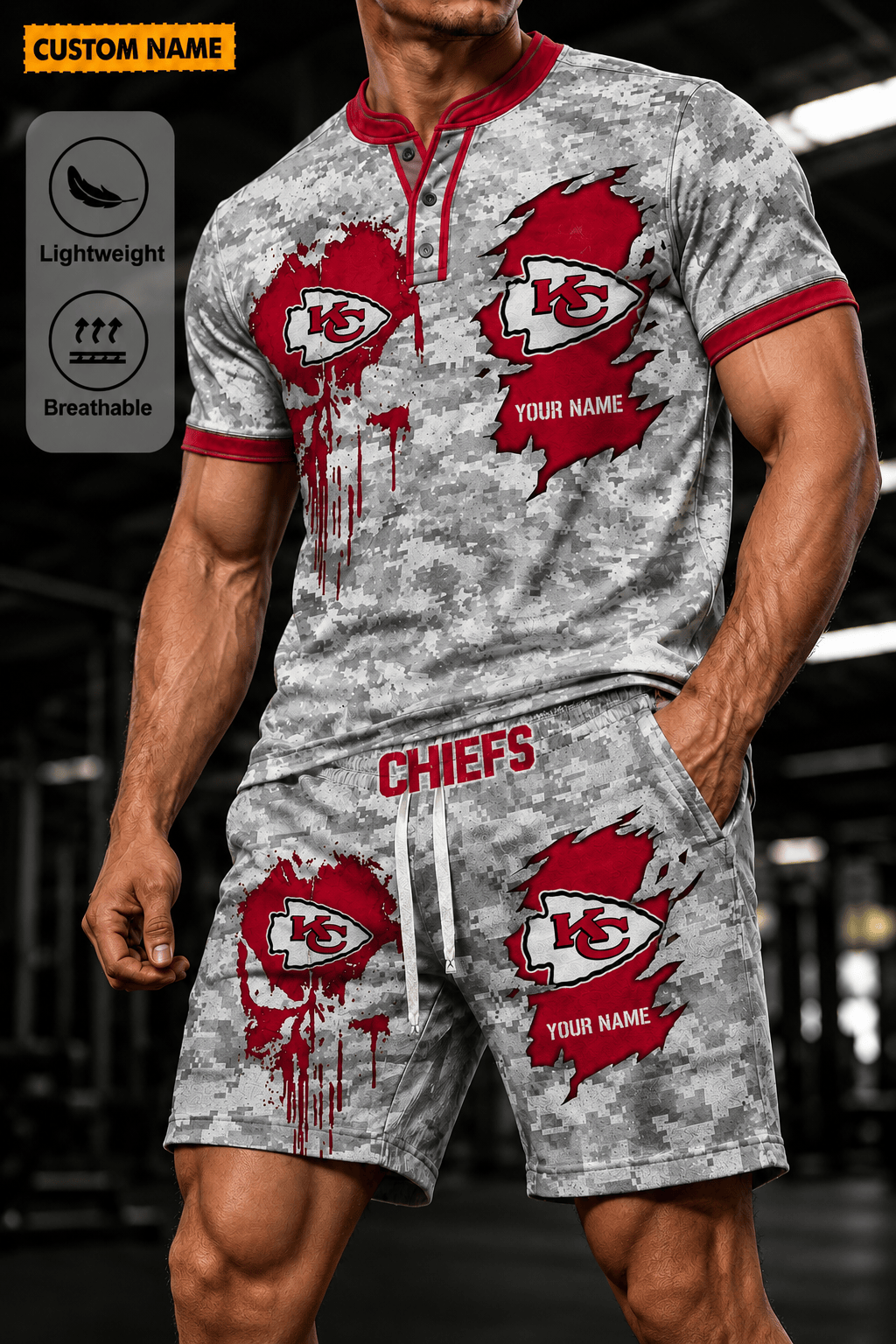 Kansas City Chiefs Men’s Button Neck T-Shirt and Short Set New Design 2026 Shirt And Short BSP954