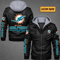 Premium & Ultra-Thick Leather Jacket with Fleece Hood - Miami Dolphins VA2109