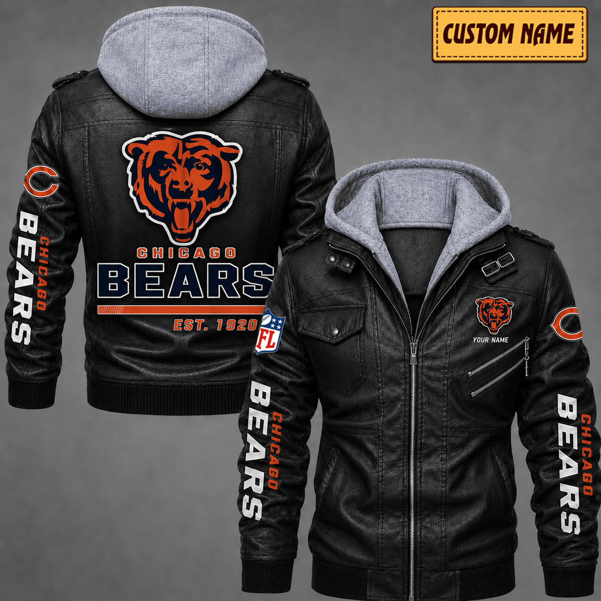 Premium & Ultra-Thick Leather Jacket with Fleece Hood - Chicago Bears VA2119