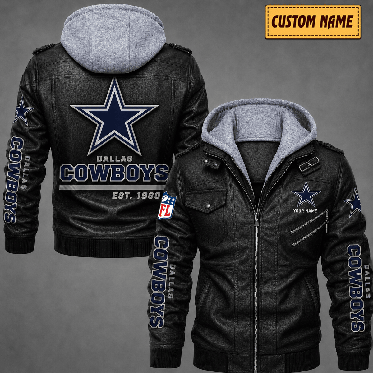 Premium & Ultra-Thick Leather Jacket with Fleece Hood - Dallas Cowboys VA2121