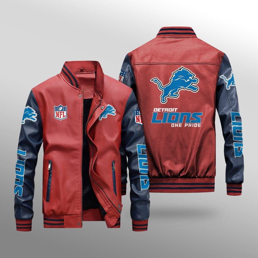 ONLY SALE Detroit Lions Premium Fleece-Lined Leather Bomber Jacket BG42 4xl