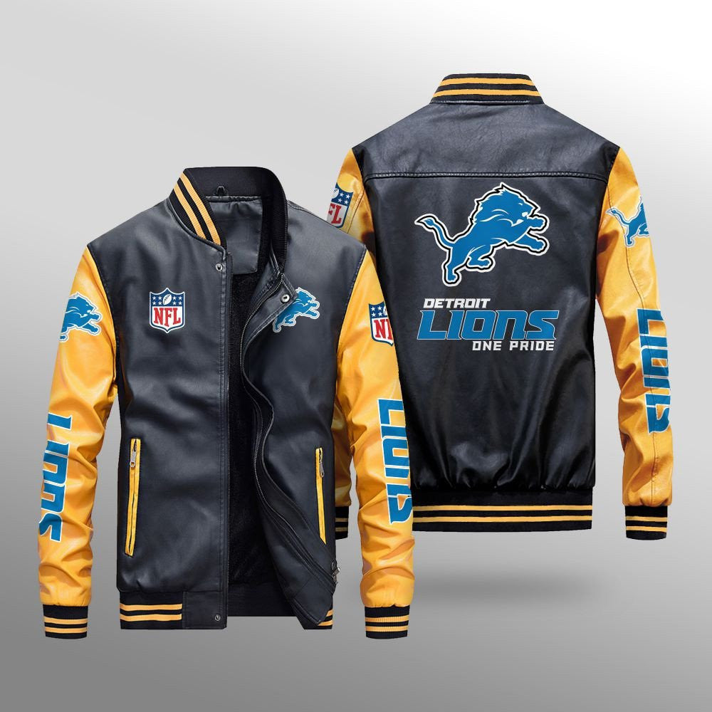 ONLY SALE Detroit Lions Premium Fleece-Lined Leather Bomber Jacket BG42 4xl