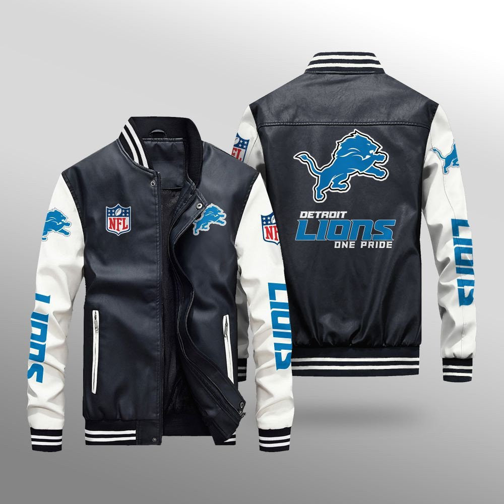 ONLY SALE Detroit Lions Premium Fleece-Lined Leather Bomber Jacket BG42 4xl