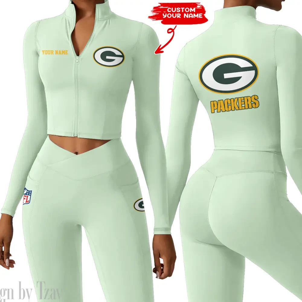Green Bay Packers Zipper Sports Top Women Gym Long Sleeve for Fitness SPTZSTW076