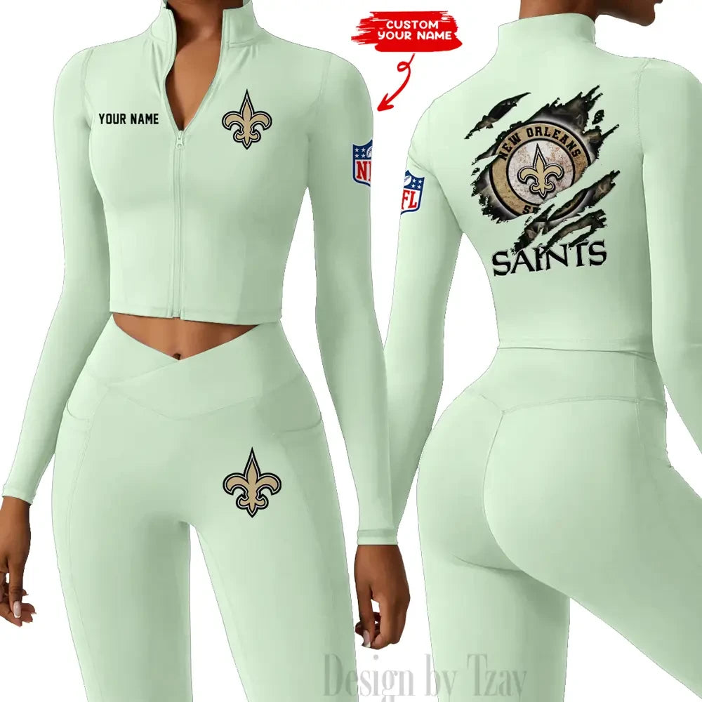 New Orleans Saints Women Activewear Set 2 Piece Crop Jacket and High Waist Leggings SPTZSTW253