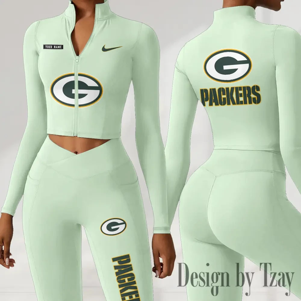 Green Bay Packers Women Activewear Set 2 Piece Crop Jacket and High Waist Leggings SPTZSTW274