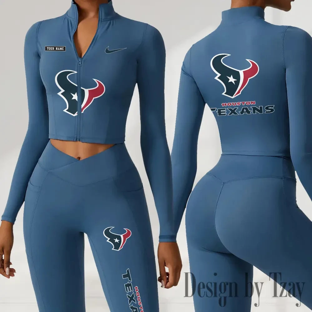 Houston Texans Women Activewear Set 2 Piece Crop Jacket and High Waist Leggings SPTZSTW275