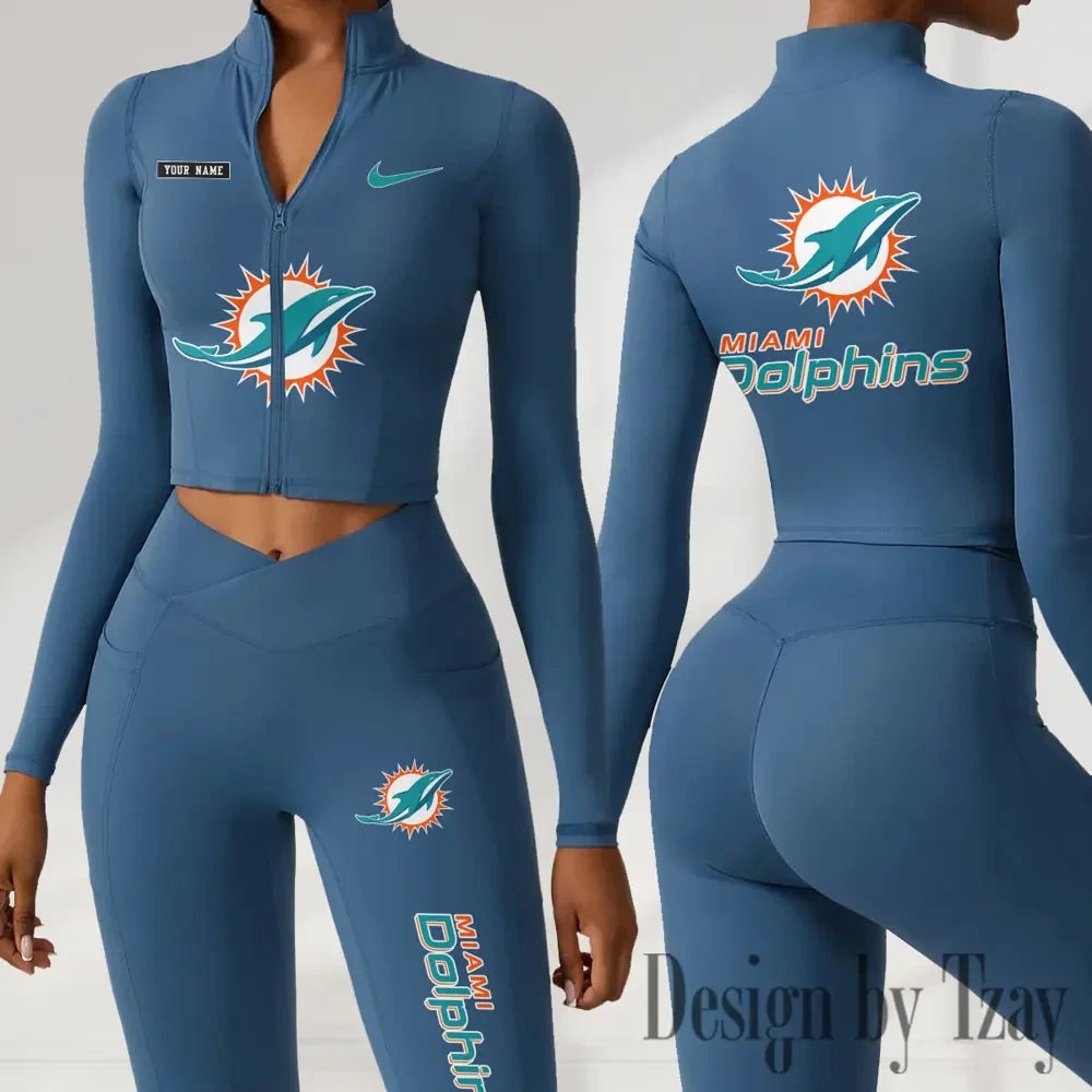 Miami Dolphins Women Activewear Set 2 Piece Crop Jacket and High Waist Leggings SPTZSTW282