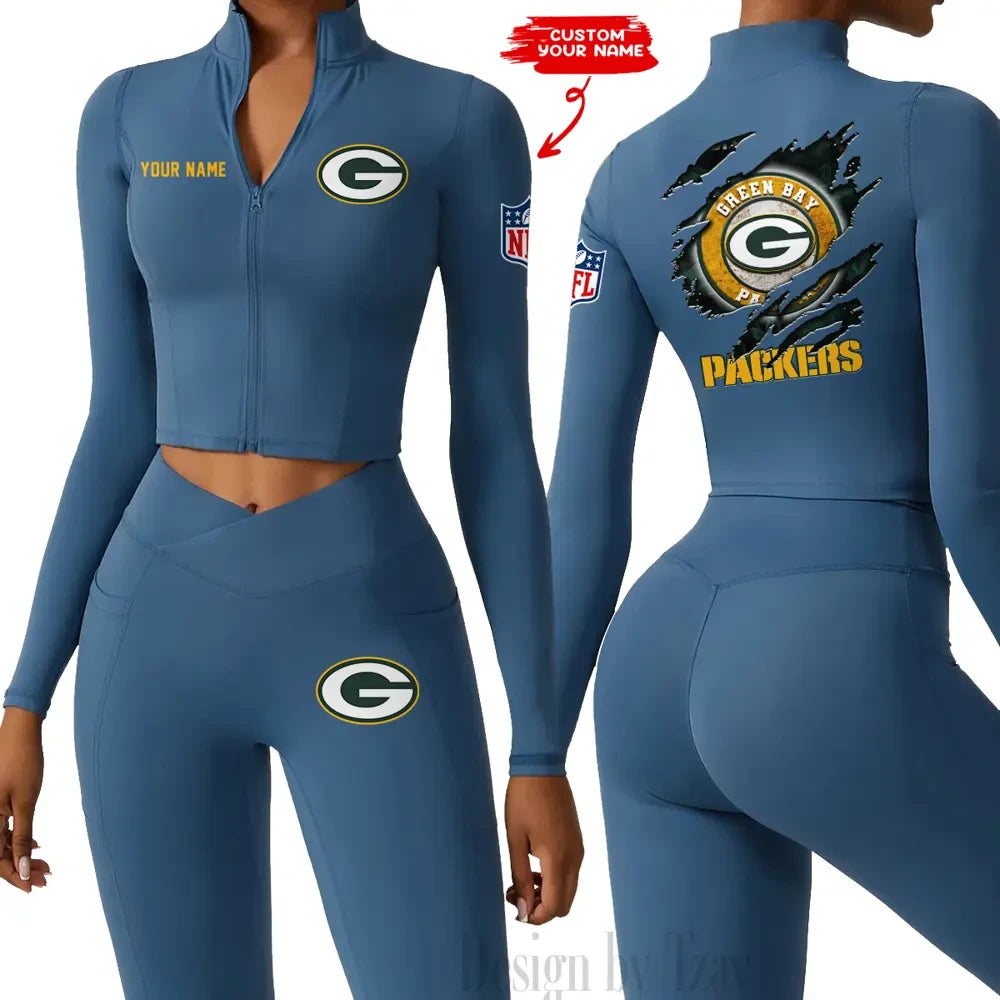 Green Bay Packers Women Activewear Set 2 Piece Crop Jacket and High Waist Leggings SPTZSTW242
