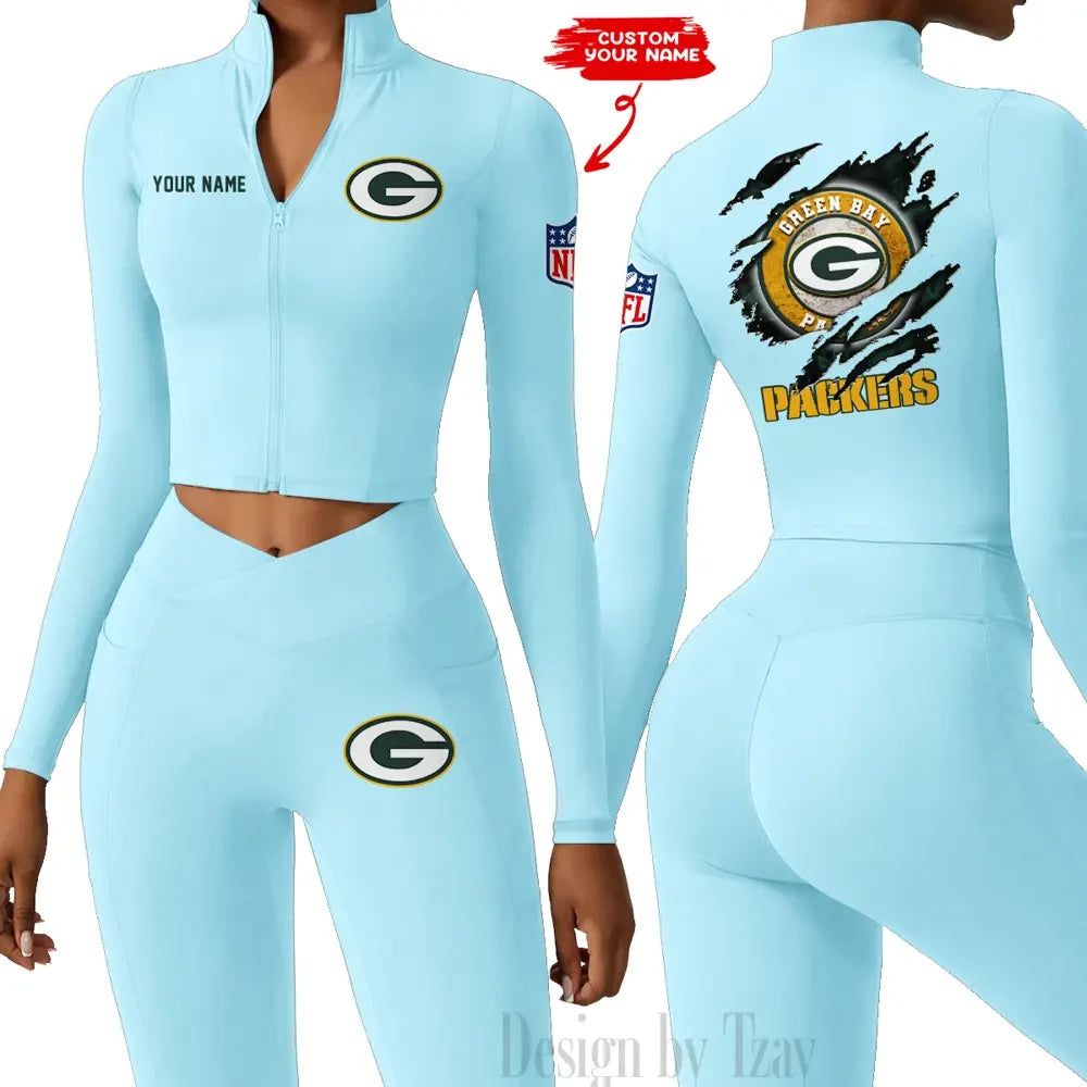 Green Bay Packers Women Activewear Set 2 Piece Crop Jacket and High Waist Leggings SPTZSTW242