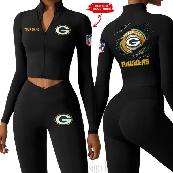 Green Bay Packers Women Activewear Set 2 Piece Crop Jacket and High Waist Leggings SPTZSTW242