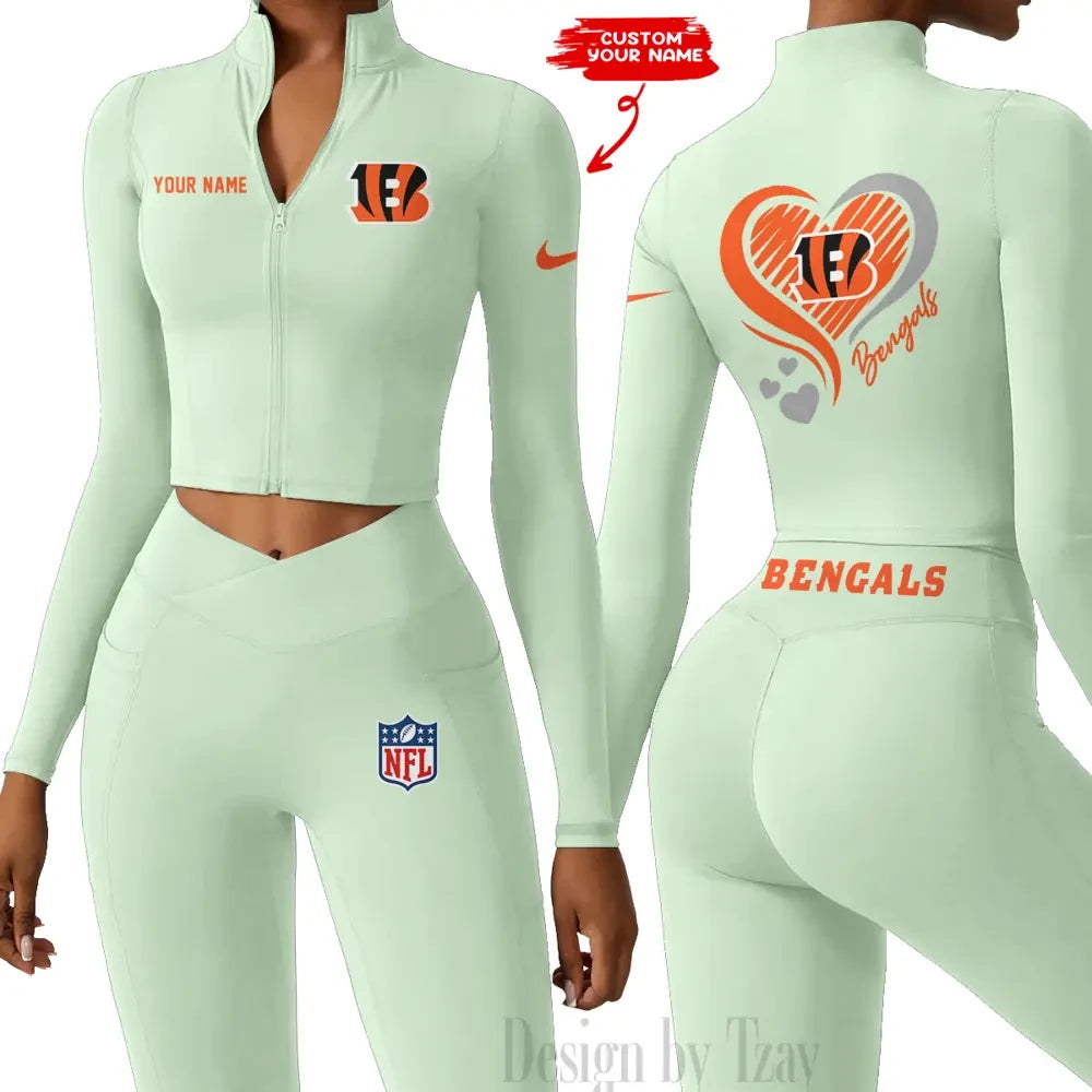 Cincinnati Bengals Women Activewear Set 2 Piece Crop Jacket and High Waist Leggings SPTZSTW173