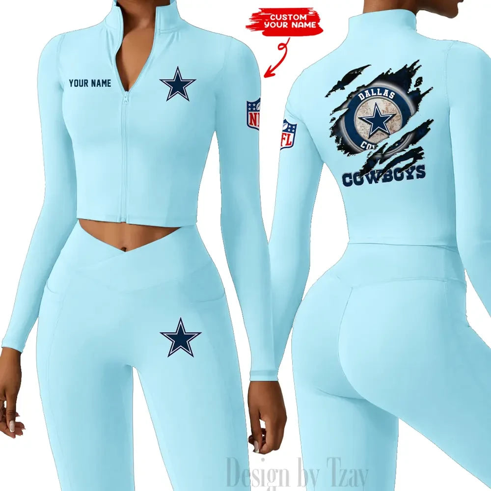 Dallas Cowboys Women Activewear Set 2 Piece Crop Jacket and High Waist Leggings SPTZSTW239