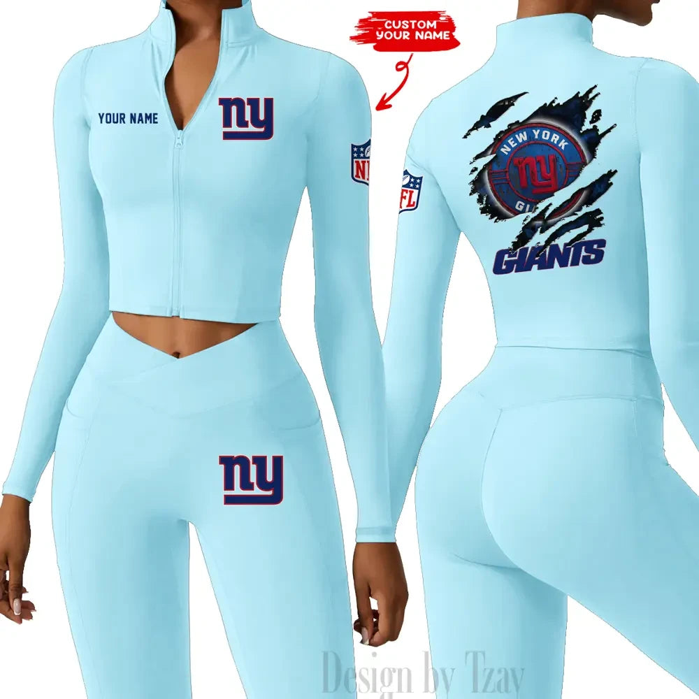 New York Giants Women Activewear Set 2 Piece Crop Jacket and High Waist Leggings SPTZSTW254