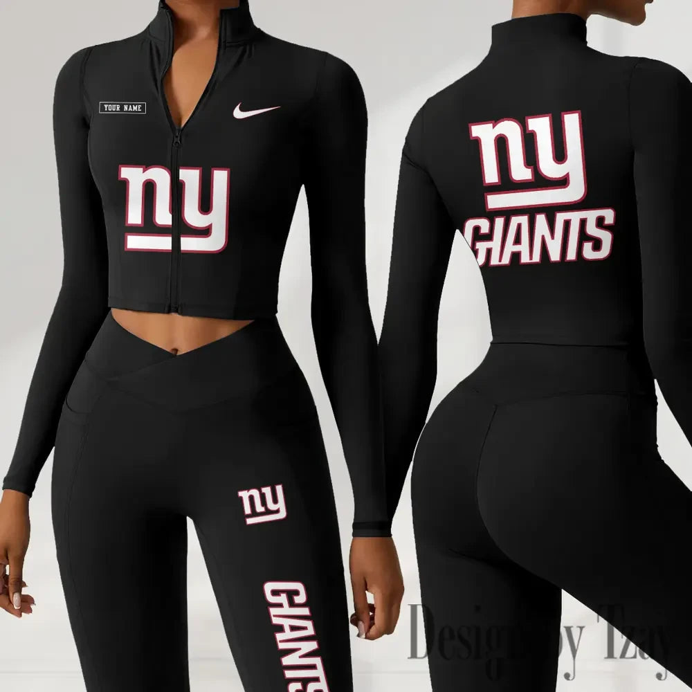 New York Giants Women Activewear Set 2 Piece Crop Jacket and High Waist Leggings SPTZSTW286