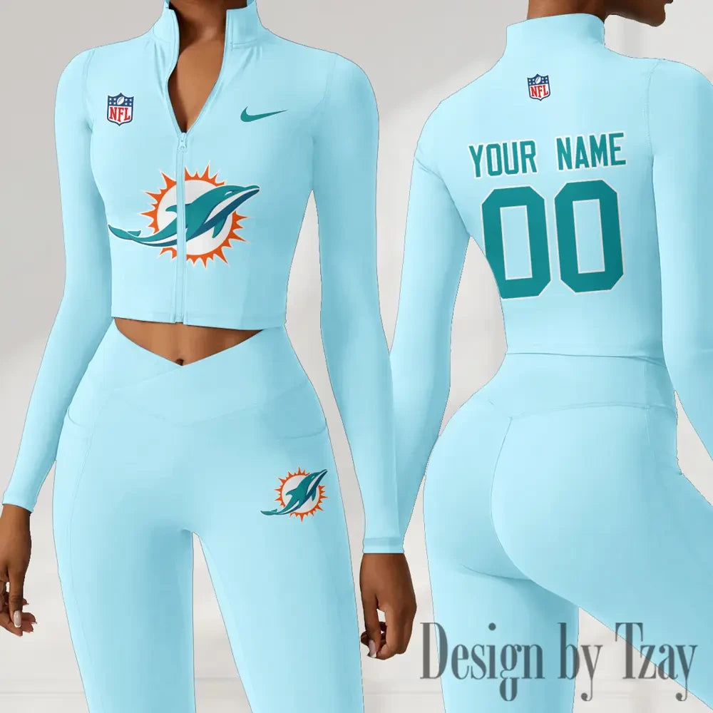 Miami Dolphins Women Activewear Set 2 Piece Crop Jacket and High Waist Leggings SPTZSTW218