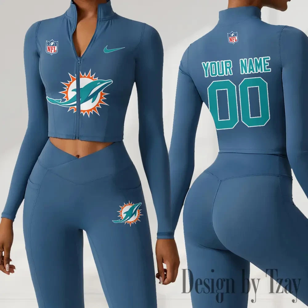 Miami Dolphins Women Activewear Set 2 Piece Crop Jacket and High Waist Leggings SPTZSTW218