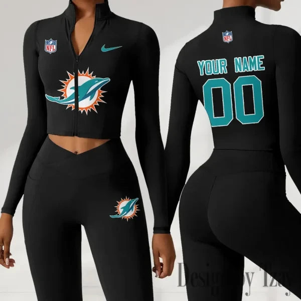 Miami Dolphins Women Activewear Set 2 Piece Crop Jacket and High Waist Leggings SPTZSTW218