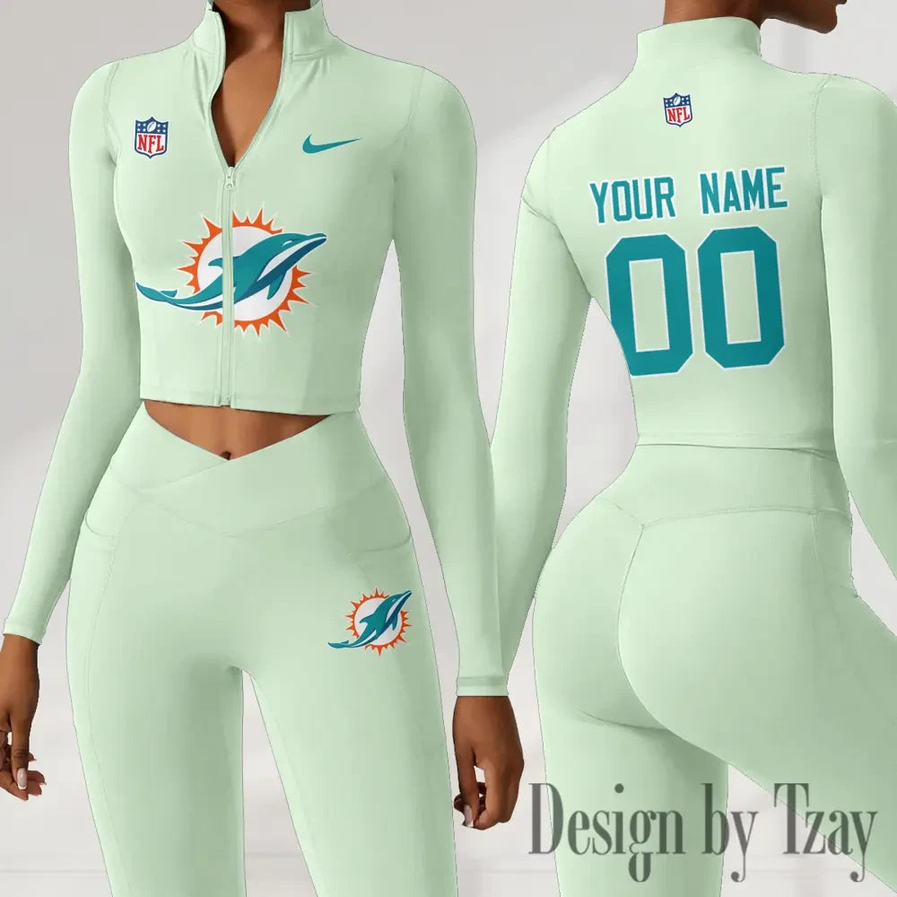 Miami Dolphins Women Activewear Set 2 Piece Crop Jacket and High Waist Leggings SPTZSTW218