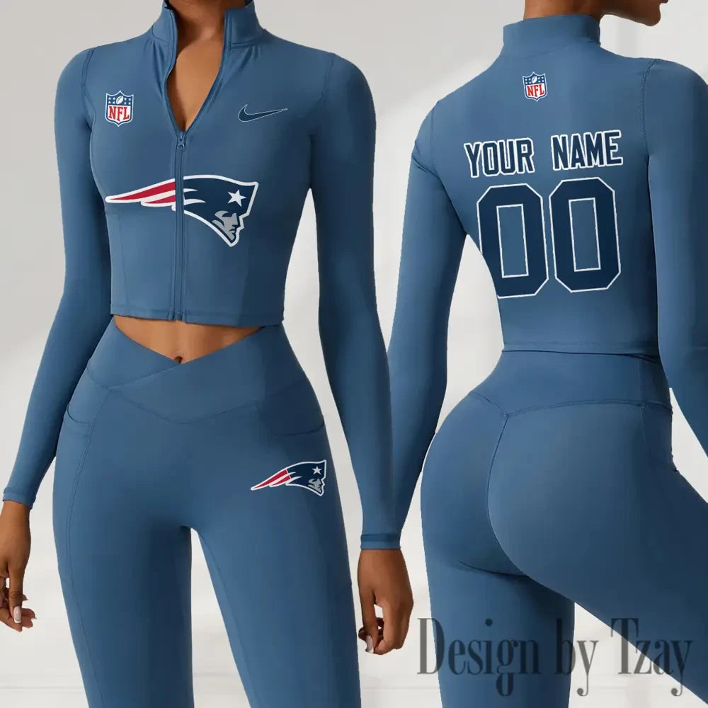 New England Patriots Women Activewear Set 2 Piece Crop Jacket and High Waist Leggings SPTZSTW220