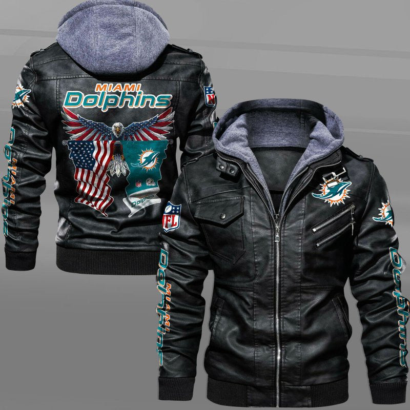 Miami Dolphins HVKC7230 - Premium & Ultra-Thick Leather Jacket with Fleece Hood