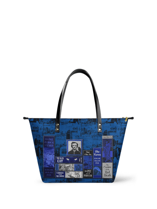 "Poe's Library" Midnight Ink Leather Tote Bag