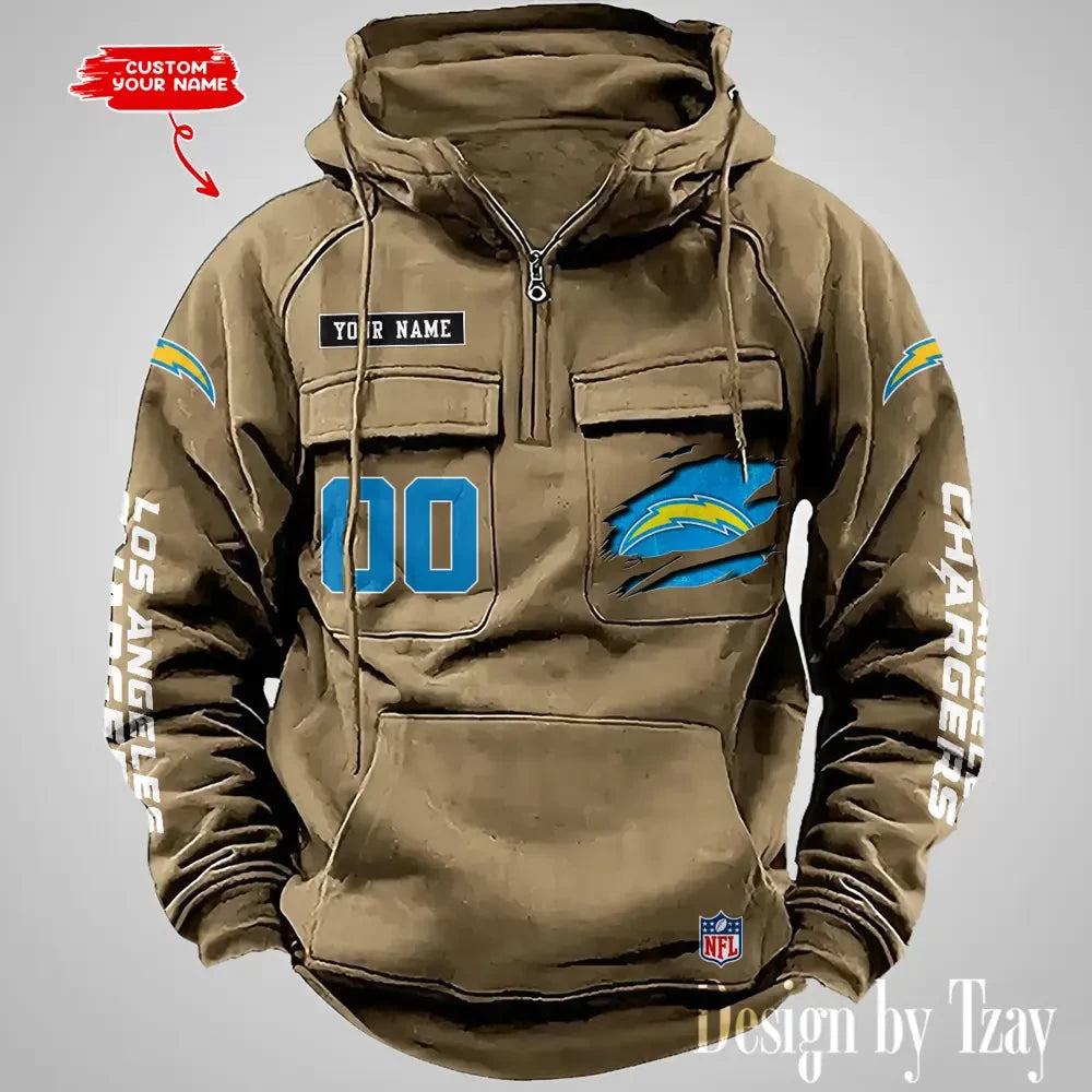 Los Angeles Chargers NFL Multi Pocket Zipper Retro Hoodie AZVMHD815
