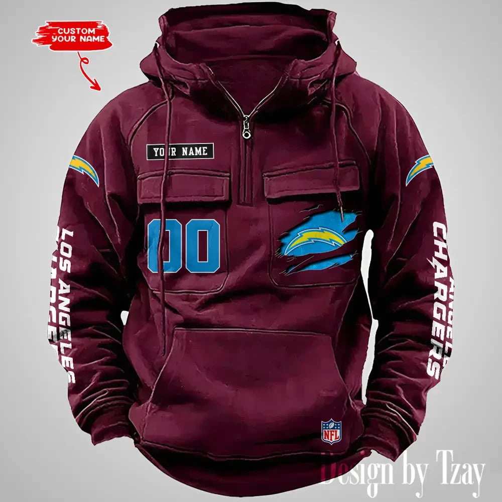 Los Angeles Chargers NFL Multi Pocket Zipper Retro Hoodie AZVMHD815