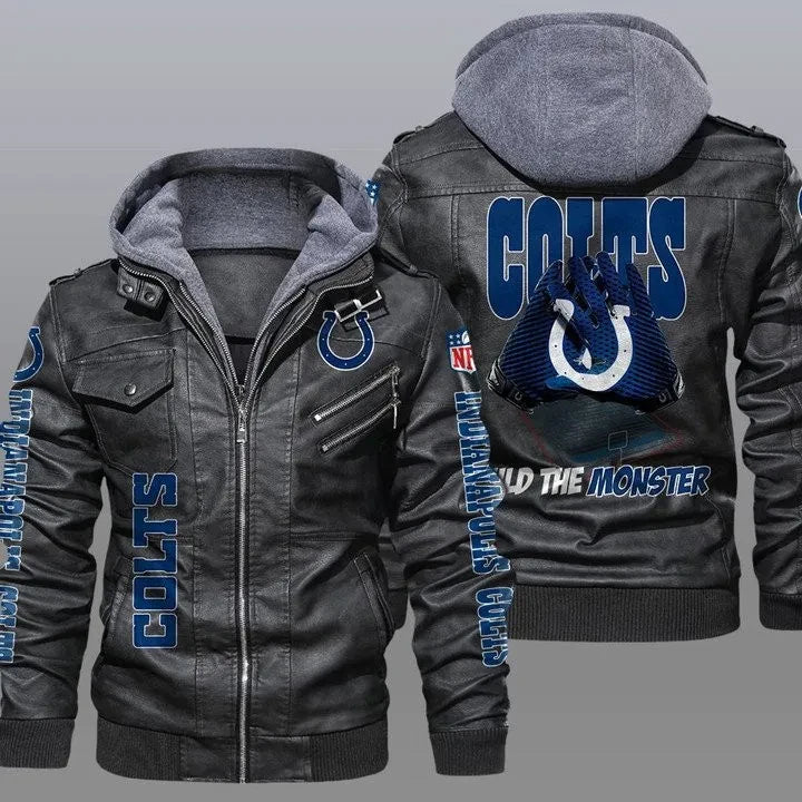 Indianapolis Colts Premium & Ultra-Thick Leather Jacket with Fleece Hood 14