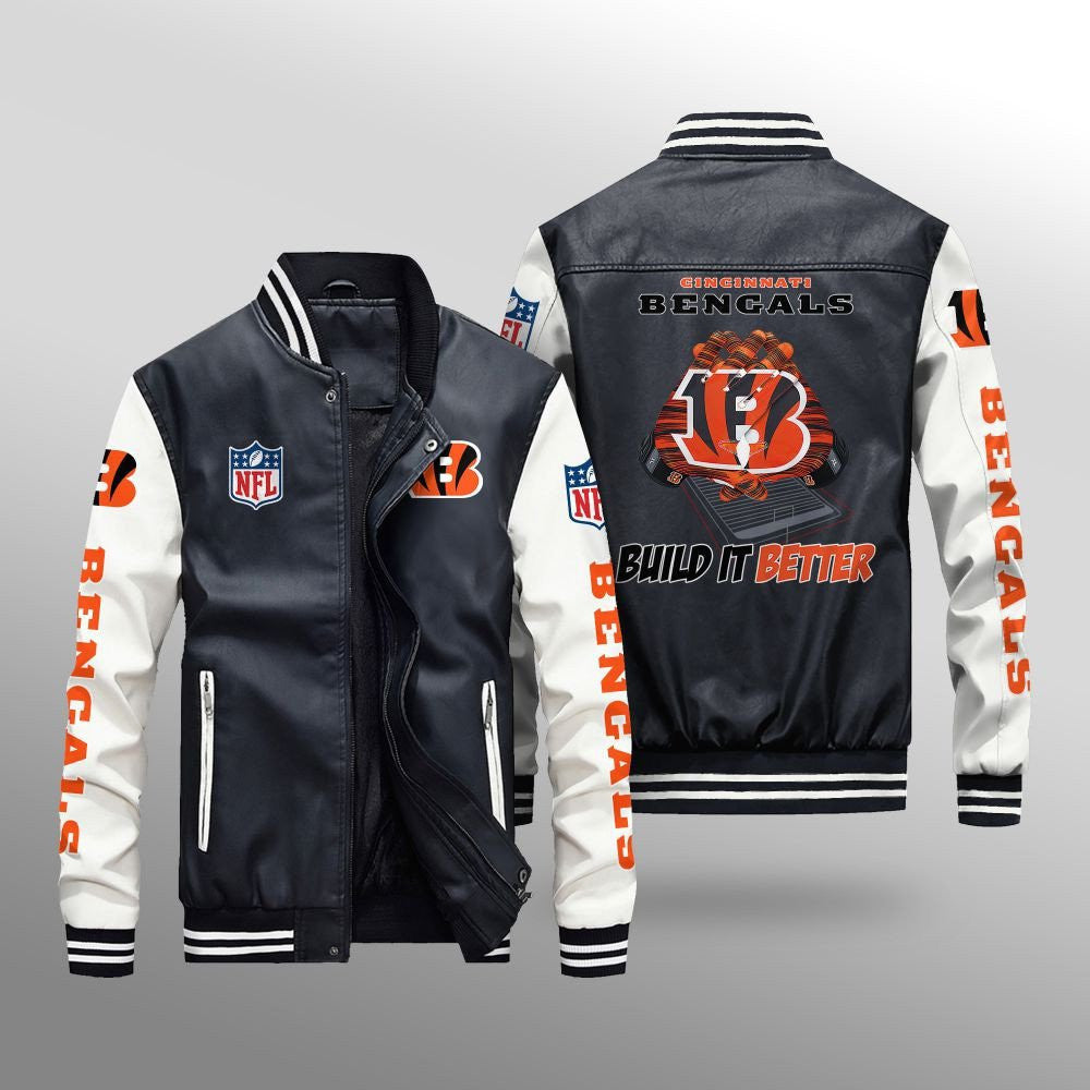 Cincinnati Bengals Premium Fleece-Lined Leather Bomber Jacket BG51