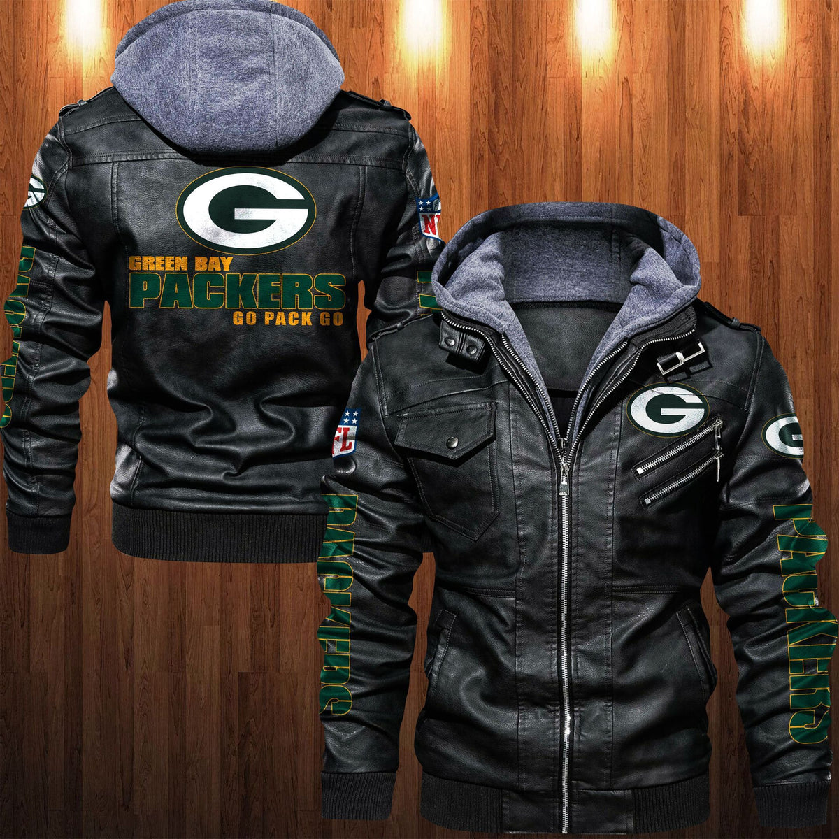 Green Bay Packers HVKC1245 - Premium & Ultra-Thick Leather Jacket with Fleece Hood