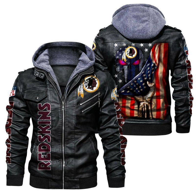 Washington Redskins Football Team HVKC180 - Premium & Ultra-Thick Leather Jacket with Fleece Hood