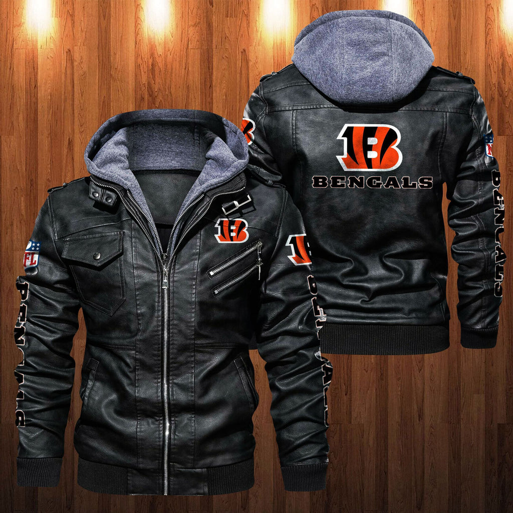 Cincinnati Bengals HVKC1240 - Premium & Ultra-Thick Leather Jacket with Fleece Hood