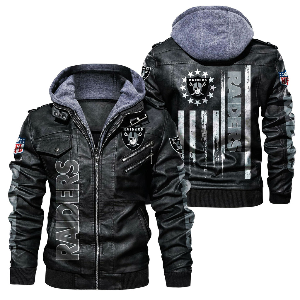 Las Vegas Raiders HVKC457 - Premium & Ultra-Thick Leather Jacket with Fleece Hood