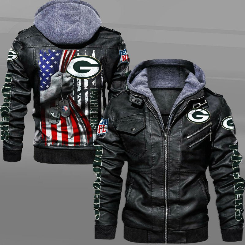 Green Bay Packers HVKC7060 - Premium & Ultra-Thick Leather Jacket with Fleece Hood