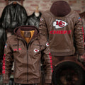 Premium & Ultra-Thick Leather Jacket with Fleece Hood - Kansas City Chiefs PHVKC016