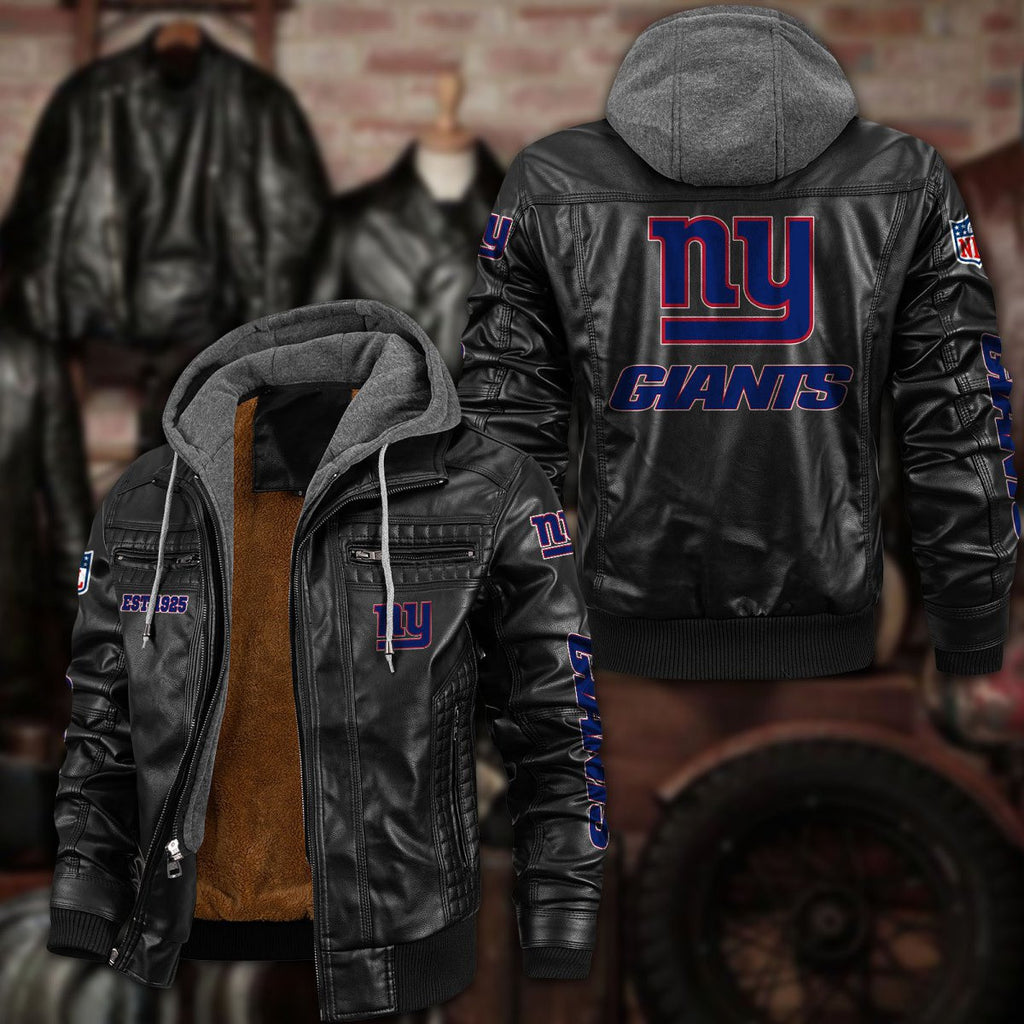 Premium & Ultra-Thick Leather Jacket with Fleece Hood - New York Giants PHVKC023