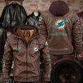 Premium & Ultra-Thick Leather Jacket with Fleece Hood - Miami Dolphins PHVKC019