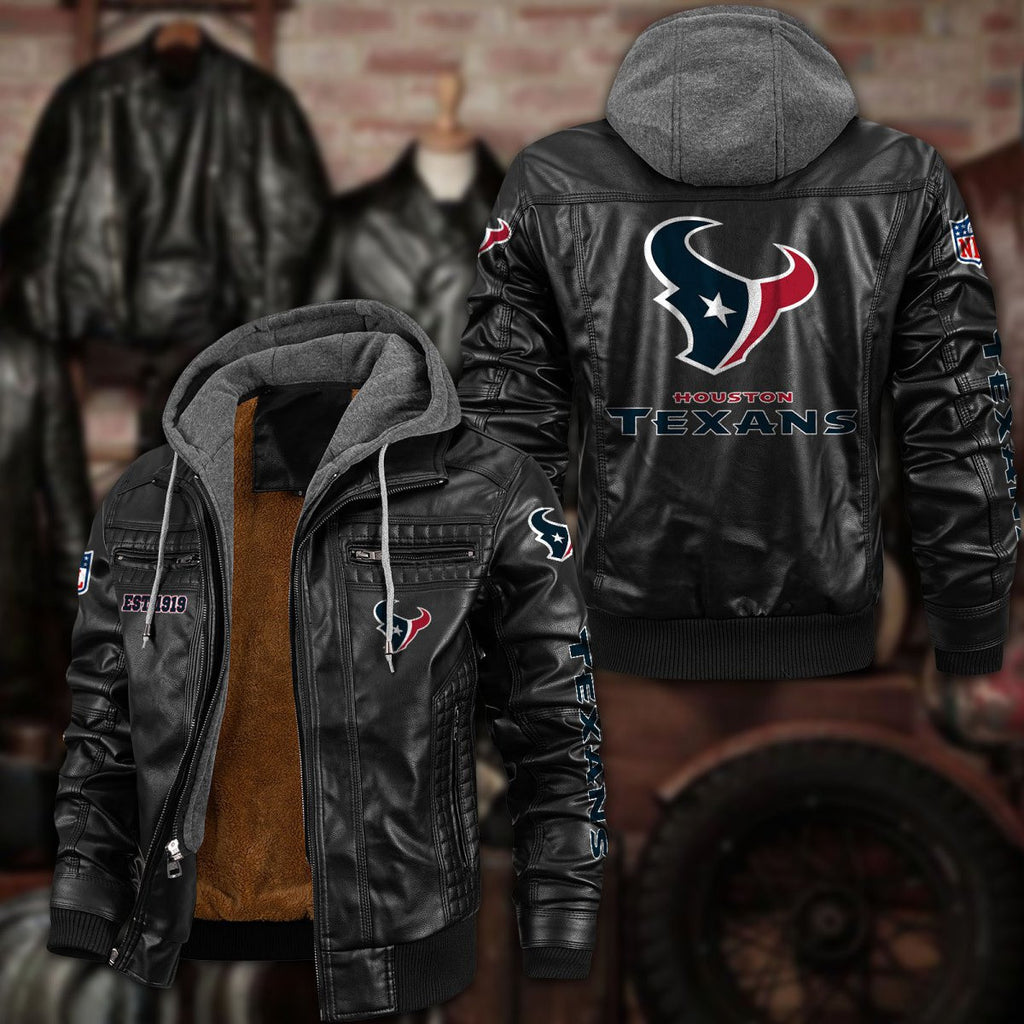 Premium & Ultra-Thick Leather Jacket with Fleece Hood - Houston Texans PHVKC013