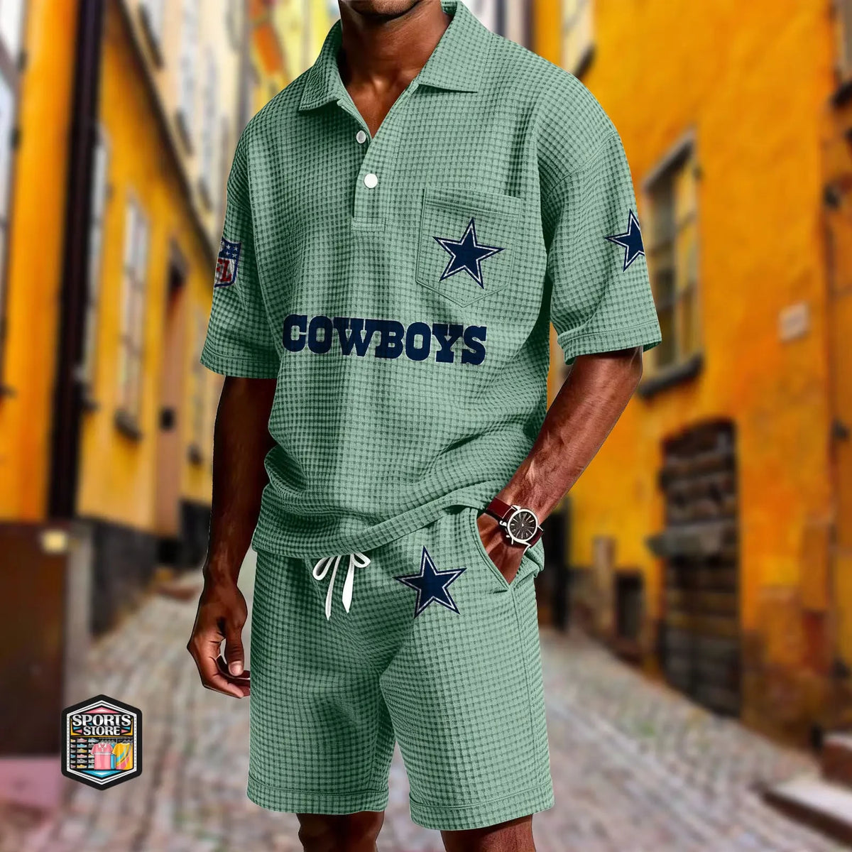 Dallas Cowboys Waffle Button Polo Shirt And Shorts SPTWFLBLS653