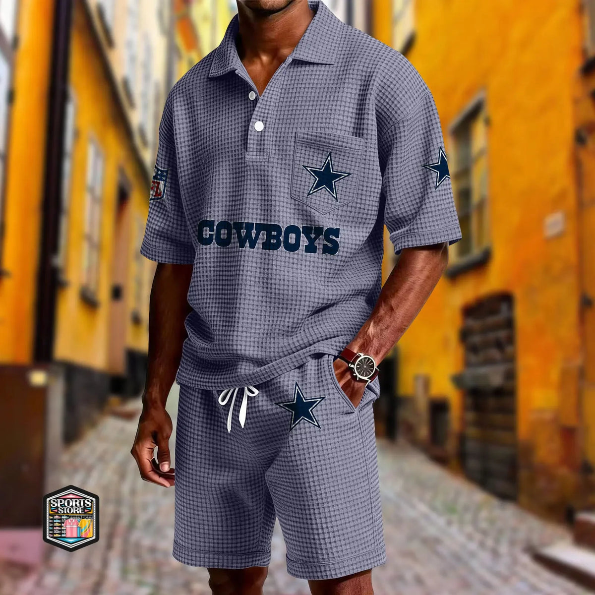 Dallas Cowboys Waffle Button Polo Shirt And Shorts SPTWFLBLS653
