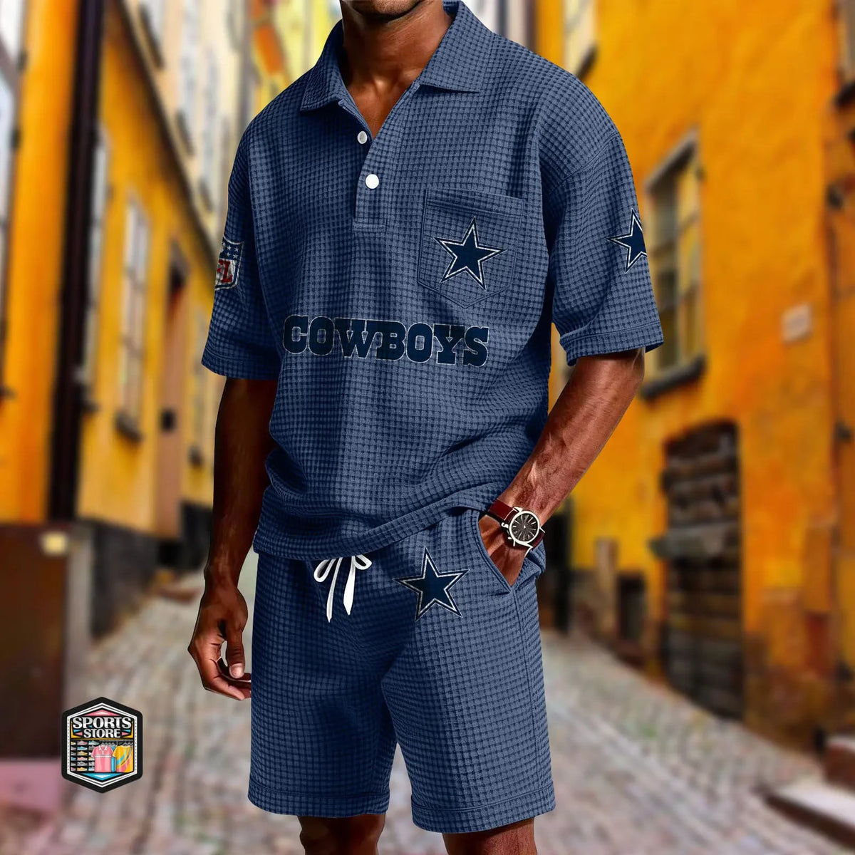 Dallas Cowboys Waffle Button Polo Shirt And Shorts SPTWFLBLS653