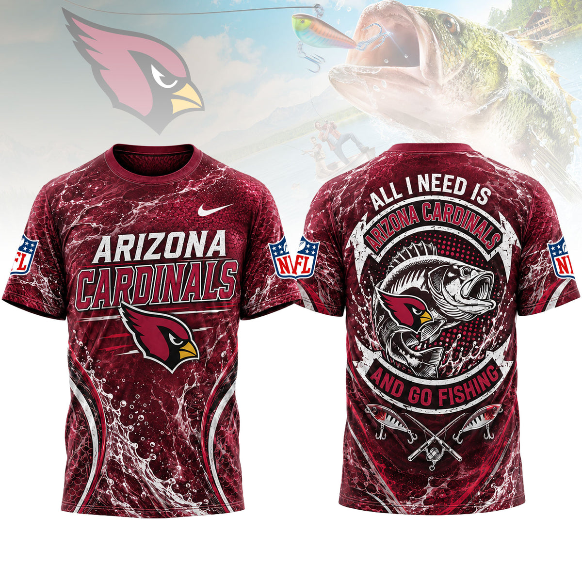Arizona Cardinals | Premium NFL Fishing Splash 3D Shirt NY