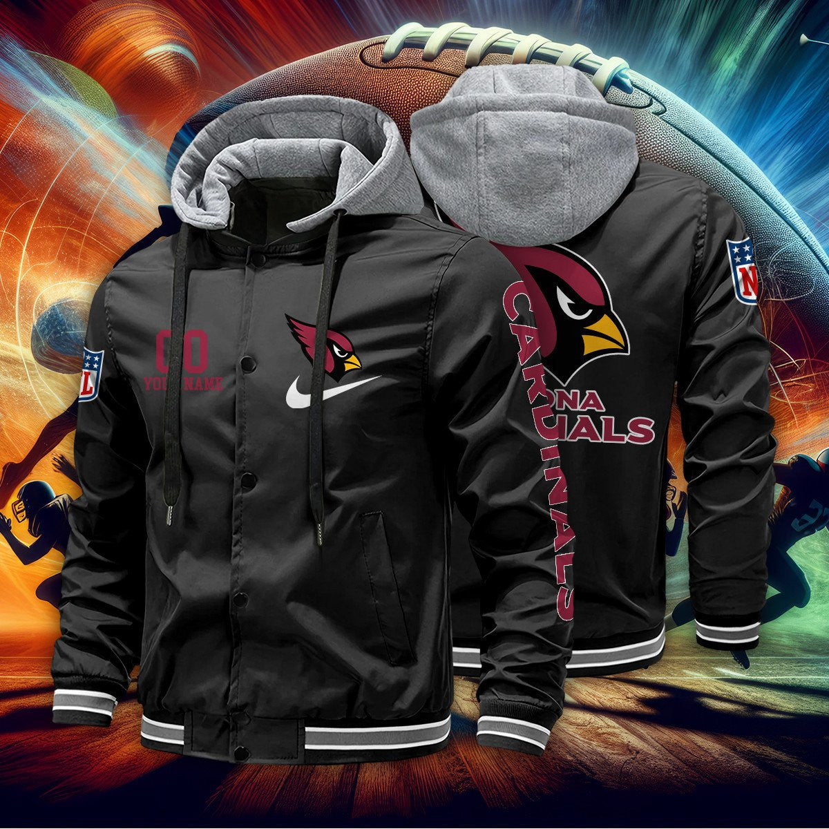Arizona Cardinals Baseball Jacket With Detachable Hood AZBJDH018