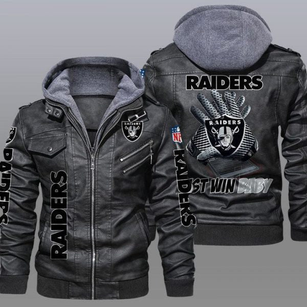 Las Vegas Raiders Premium & Ultra-Thick Leather Jacket with Fleece Hood ZPLT 17