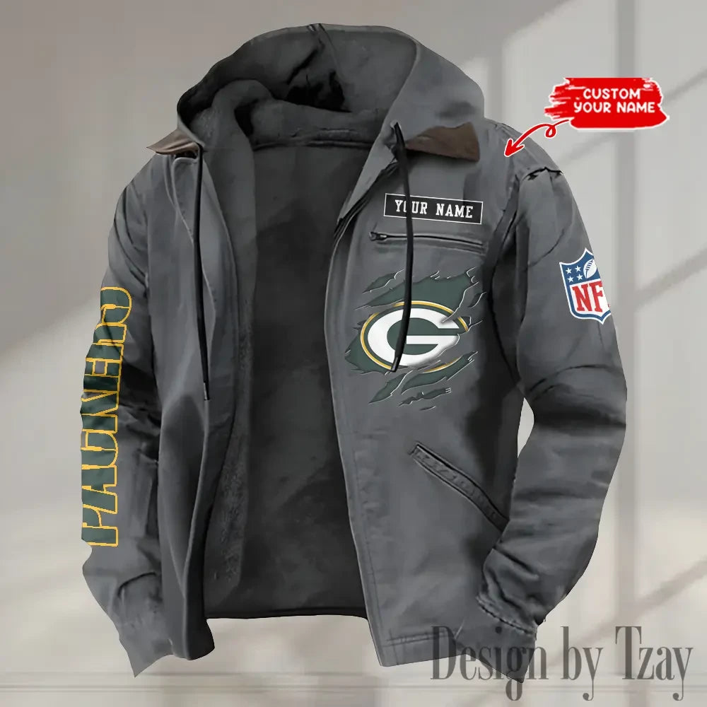Green Bay Packers Men's Casual Padded Jacket Hooded trending 2026 SPTPJH012